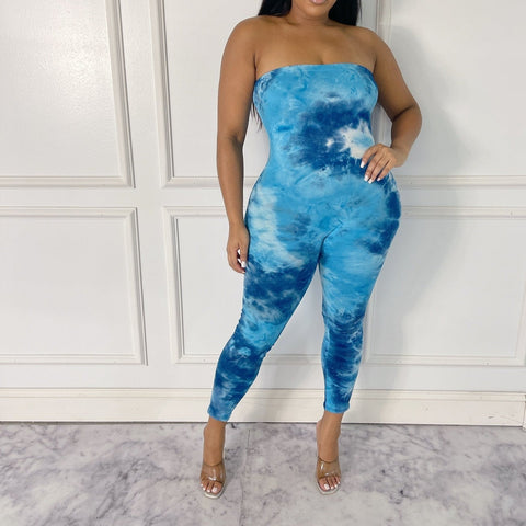 BLUE TIE DYE PRINT TUBE JUMPSUIT