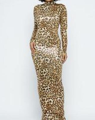 Animal Foil Gold Print Foil Mock Neck Body Con Maxi Dress