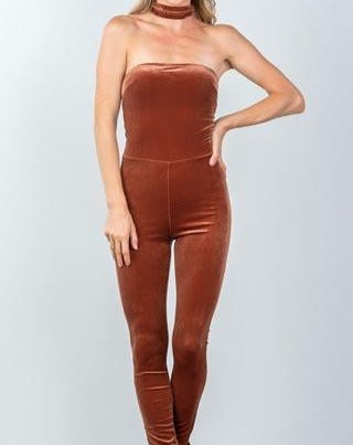 Brown Velvet Choker Jumpsuit