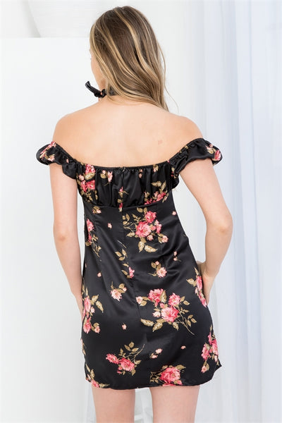 FLOWER PRINT FRONT TIE SHIRRING NECK DRESS