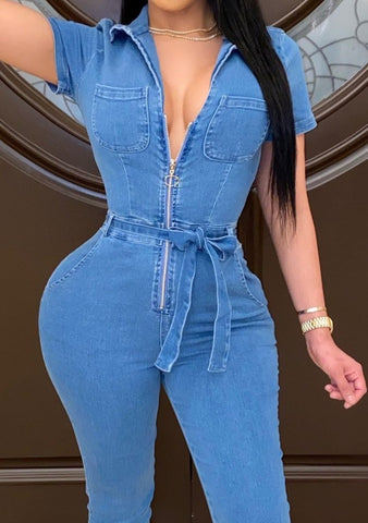 MEDIUM DENIM FRONT ZIP WAIST BELTED CATSUIT